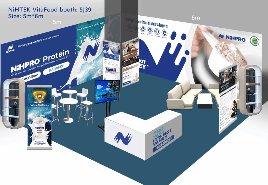 NiHTEK® team at Vitafoods Europe 2025 presenting NiHPRO®, NiHPRO-Bev®, and KARBFiX® to attendees at Booth #5J39.​